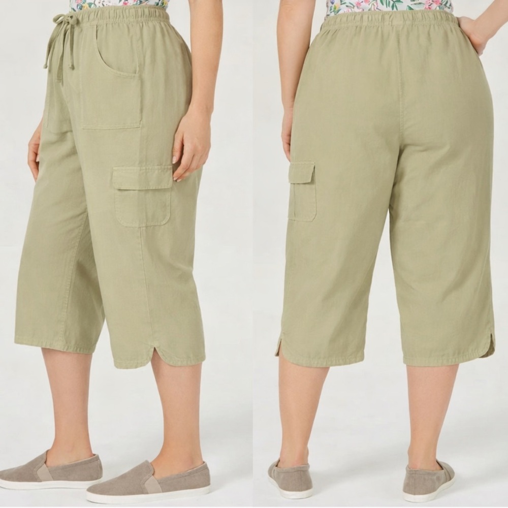 Fashion Bug light sage green drawstring waist cropped cargo pants size 18/20W
